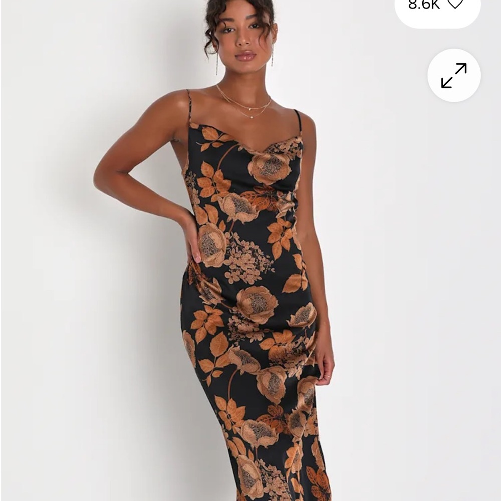 Favorite Icon Black Floral Satin Cowl Neck Slip Midi Dress ***hemmed to fit 5’3”
